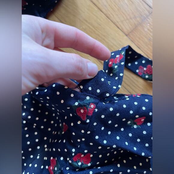 70s Vintage Straberry And Swiss Dot Long Sleeve Prairie Dress with Peplum Waist - Picture 8 of 12